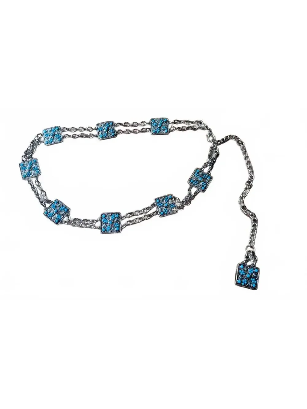Vintage Silver Tone Chain Belt with Turquoise Square Accents 28